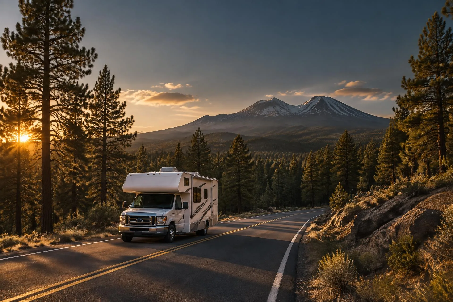 RV traveling through the ponderosa pine forest near Flagstaff, Arizona